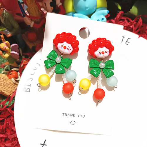 手作反斗马戏团小丑搞怪泡面头小丑磨砂串珠卡通925银耳环耳饰女