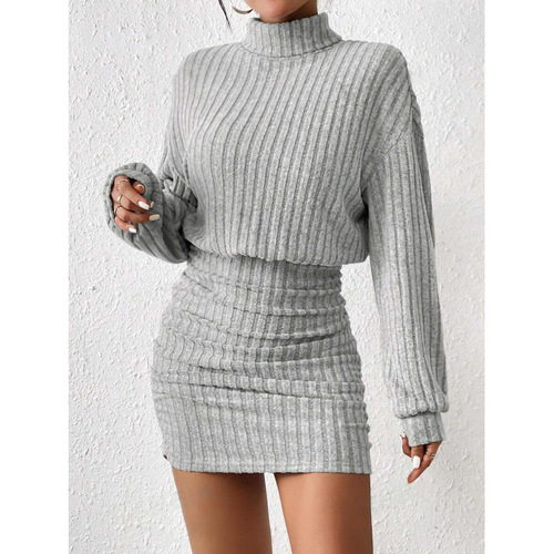 Cross-border foreign trade European and American women's fashion Amazon 2024 autumn/winter slim-fit, stylish ribbed high-neck hip-hugging long-sleeved dress
