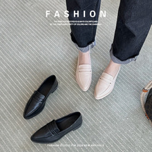 牛皮小皮鞋中跟一脚蹬单鞋工作英伦新款休闲尖头粗跟乐福鞋女春季