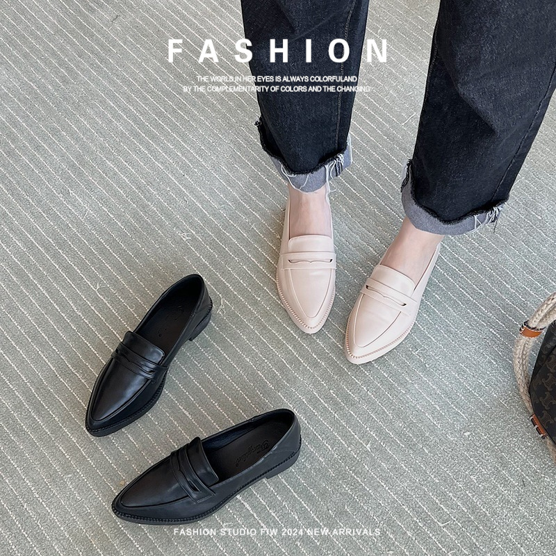 牛皮小皮鞋中跟一脚蹬单鞋工作英伦新款休闲尖头粗跟乐福鞋女春季