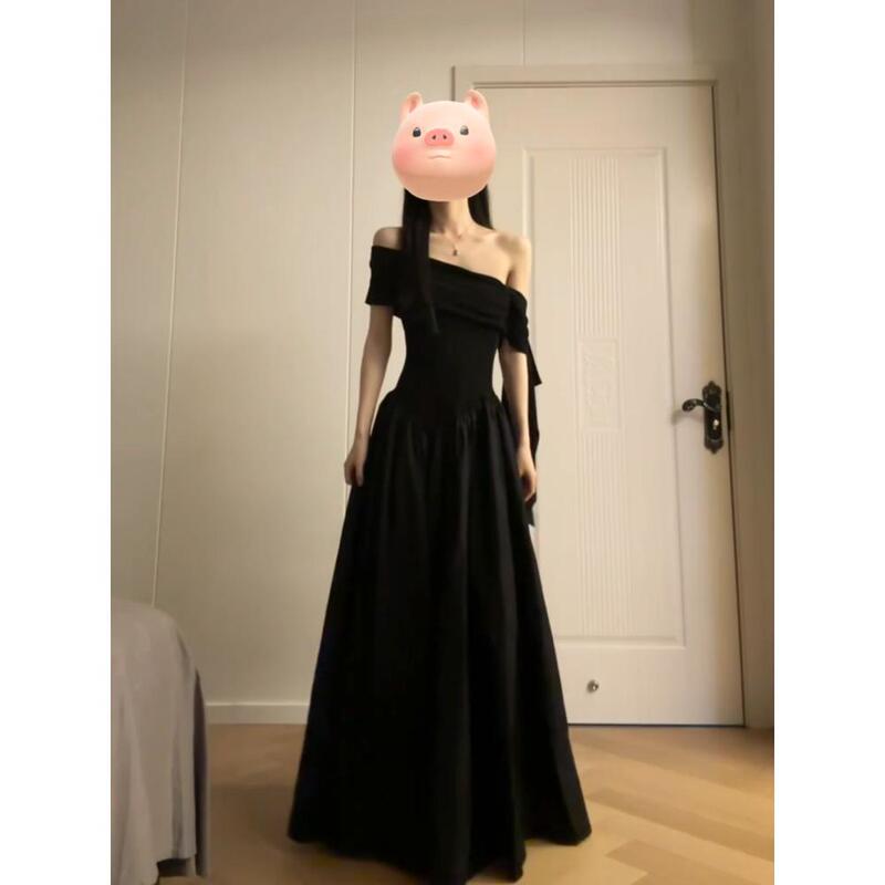French Style Hepburn Style Black off-shoulder dress Women's Summer Tall Elegant Slim-fit Long Skirt to Ankle