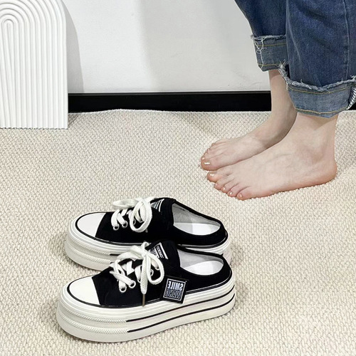 Summer Thick Heel Lift Slides for Women Slip-On Fashion Half-Drift Casual Canvas Shoes