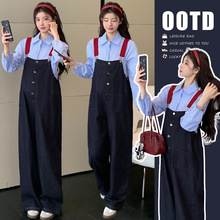 2025秋冬新款韩版时尚复古孕妇背带裤孕妇阔腿牛仔裤上衣孕妇套装