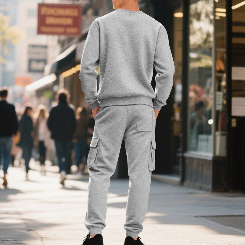 Europe, America, Autumn And Winter Heavy Velvet Men's Loose Casual Sports Tooling Round Neck Solid Color Sweater Trousers Set_viptrois.com