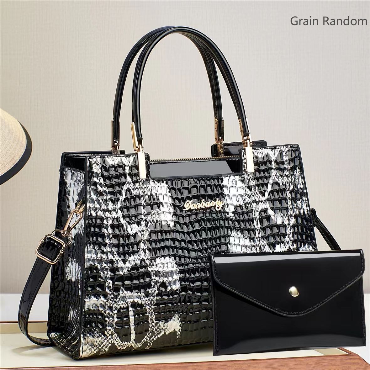 Bolso de Mano y Hombro de Gran Capacidad para Mujer de PU Charol con Estampa de Cocodrilo para Uso Diario