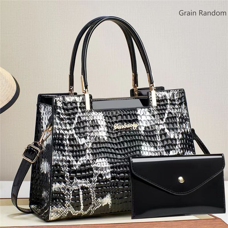 Cross-border New Arrival Bright Leather Crocodile Pattern Middle-aged Women's Shoulder Handbag Large Capacity Fashionable Large Capacity Crossbody Bag for Women