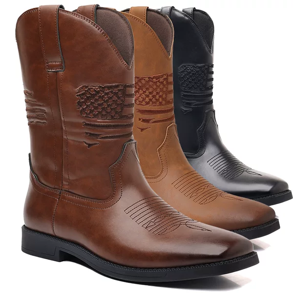 Super Fast Shipping 8702 High-Top Embroidered Retro Wide-Toe Western Cowboy Boots with American Flag Elements