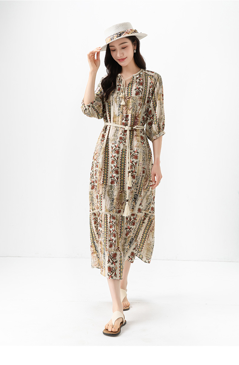 Đầm maxi nữ thắt eo bohemian in hoa kỳ lạ tay ngắn rộng che thịt — Màu cà phê chi tiết 23