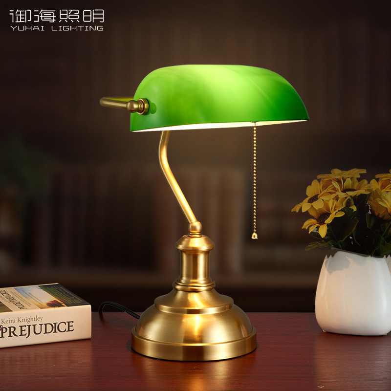 American-Style Retro All-Copper Lamp for Bedroom Bedside, Study, Reading, Eye-Protection Glass Desk Lamp, Indoor Vintage Style Desk Lamp