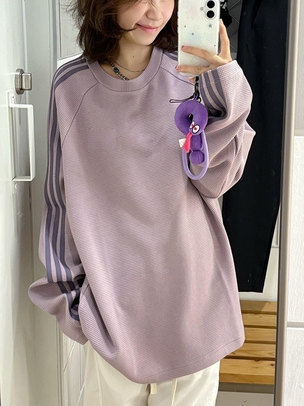 美式潮牌三条杠华夫格无帽卫衣女春秋oversize薄款外套慵懒上衣|undefined