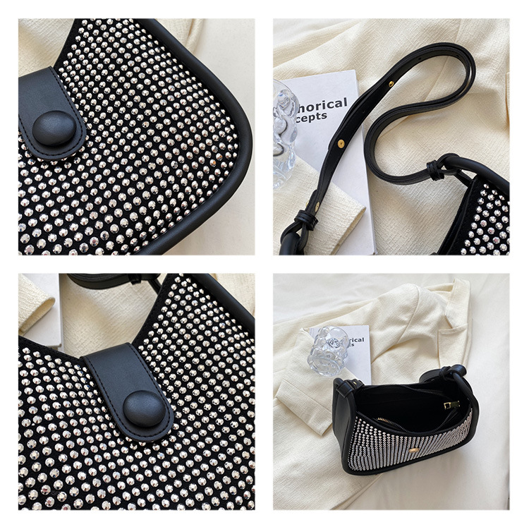 Geometric Pattern Punk Artificial Leather Rhinestone Zipper Square Black Shoulder Bags display picture 2