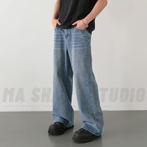 Vintage American-style distressed denim men's summer streetwear washed blue wide-leg pants trendy high-street versatile casual straight-leg long pants