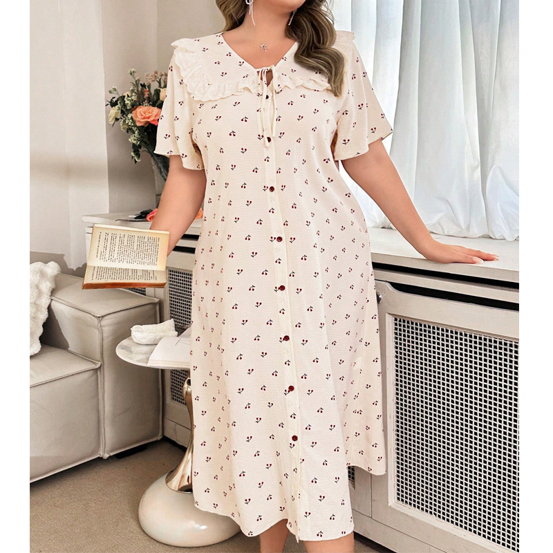 European and American Style Doll Collar Lace Large Size Pajamas for Women Summer New Sweet Colorful Dress Loose Home Clothes