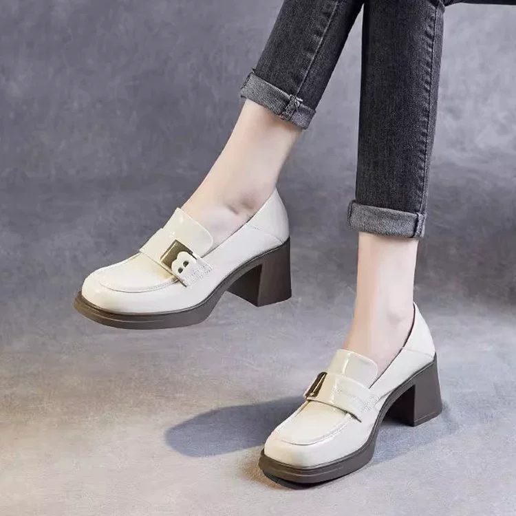 Британский стиль ретро металлическая пряжка из лакированной кожи с яркой поверхностью, педали Lefu, дикие одиночные туфли, женские толстые каблуки, маленькие кожаные туфли