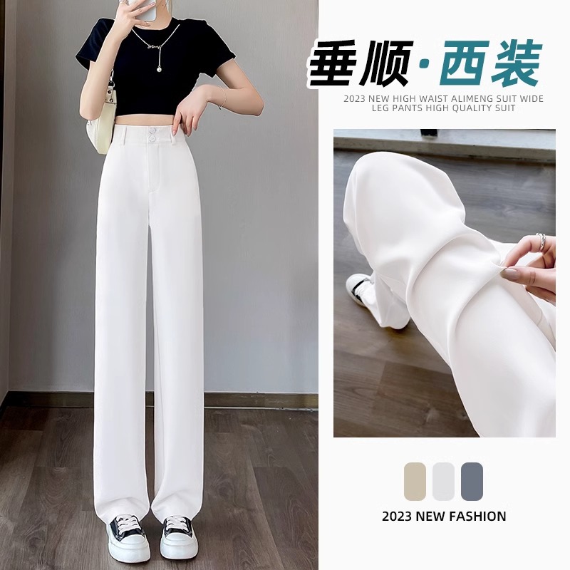 Pantalones de traje de verano delgados para mujeres 2024 nuevos pantalones de pierna ancha de seda de hielo recta de cilindro gris de alta calidad