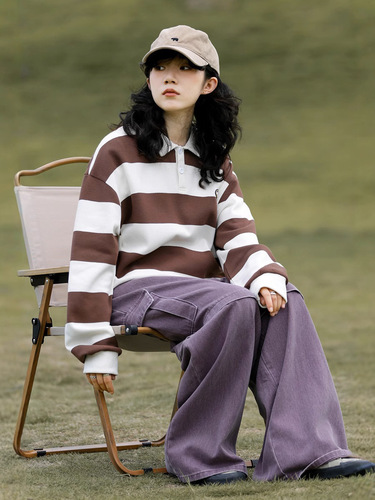 Japanese polo shirt lapel heavy hoodies men and women ins loose retro Hong Kong trend brand striped long-sleeved T-shirt