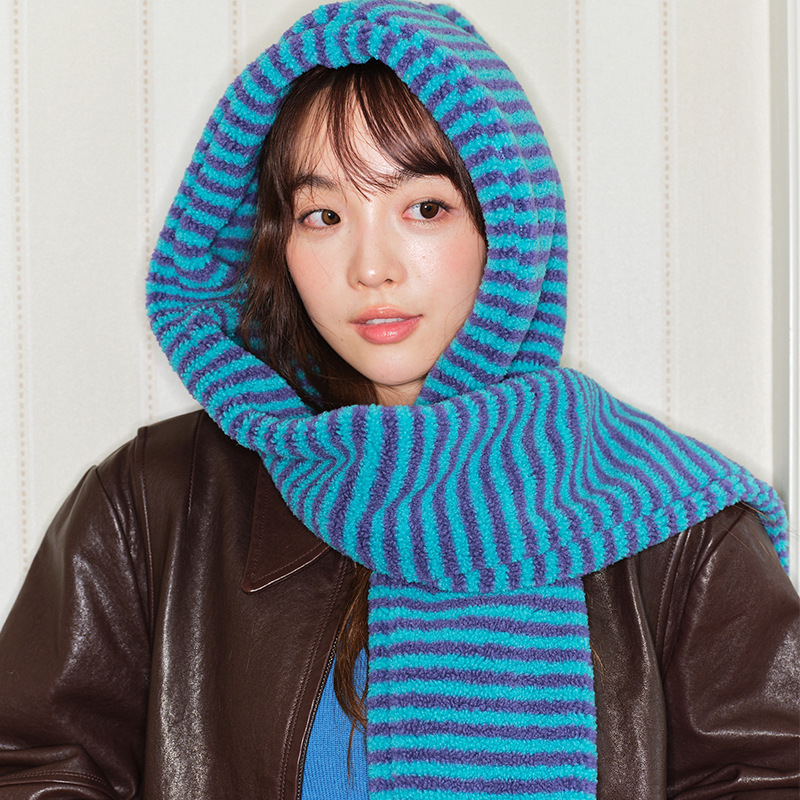 凹造型大版厚实条纹毛绒连帽冬天保暖防寒护颈一体长款披肩围脖