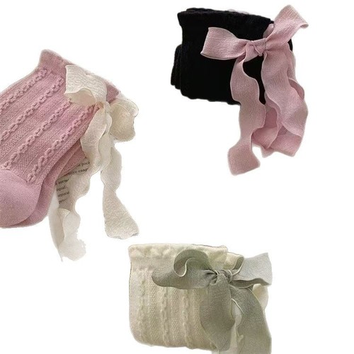 Pure Color Spring New Socks Sweet Lolita Stacked Socks Korean Style Heel Ribbon Butterfly Knot Mid Calf Socks for Girls and Boys