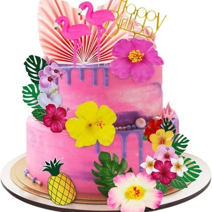 12 Pieces of Hawaiian Flamingo Cake Decoration Two Flamingo Inserts Palm Leaves Hibiscus Flowers Tropical Hawaii