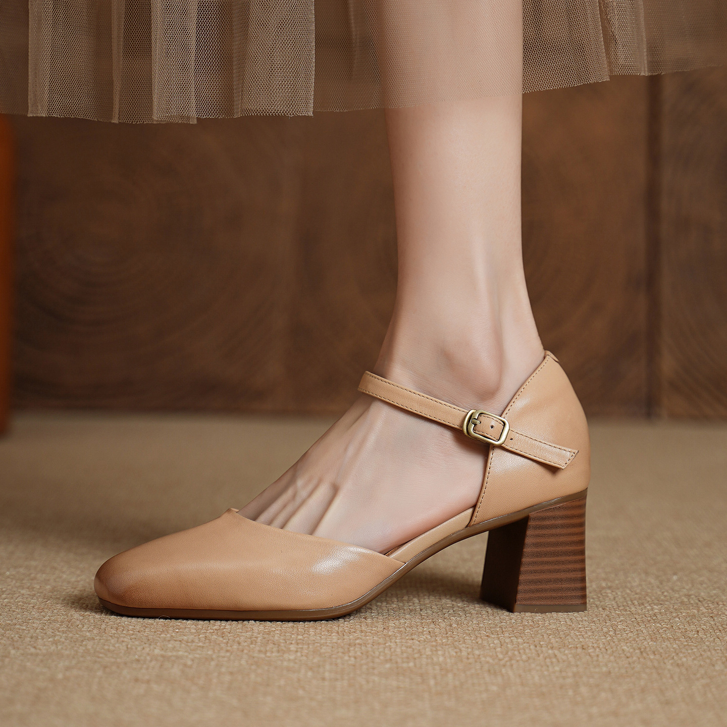 Giày sandal cao gót nữ quai ngang mũi vuông gót 6 cm — Màu hồng