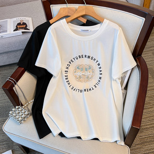 New plus fat plus size slim loose long crew neck short sleeve T-shirt female 200/300/350kg 6308