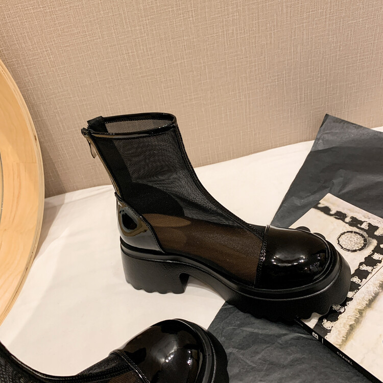 Boot ngắn nữ da thật vải lưới cao gót 6cm mùa hè phong cách Anh thoáng khí — Màu đen, Trắng be chi tiết 136