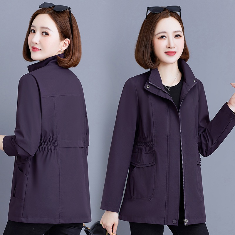 Mid-Length Stand-Up Collar Elastic Waist Windbreaker Jacket for Women 2025 Autum New Double-Layer Lined Middle-Aged Mother's Jacket