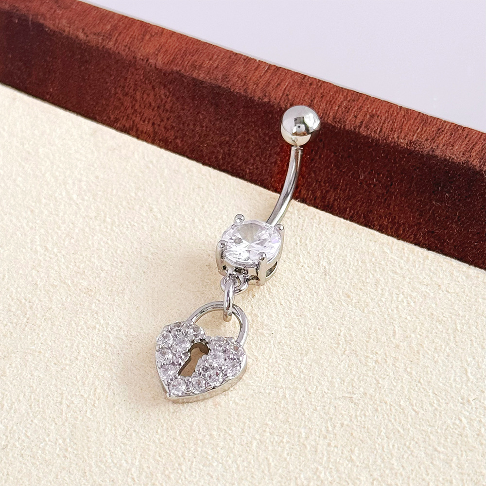 European And American Cross-Border Fashion Heart Key Lock Shape Copper Zircon Piercing Jewelry Stud Navel Ring_voghion.com