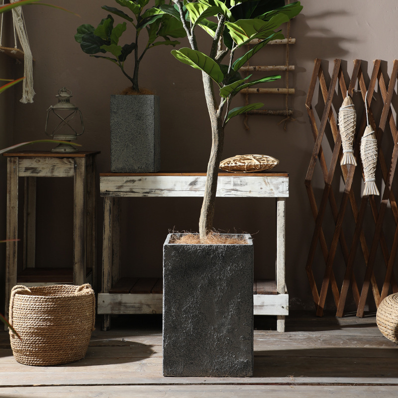 Retro Stoneware Textured Magnesium Mud Large Flower Pot Floor-Standing Imitation Cement High and Deep Square Outdoor Living Room Green Plants and Florals