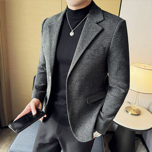 Fashion New Men's Thickened Woolen Suit Herringbone Pattern Slim Two-Button Jacket Business Casual Suit
