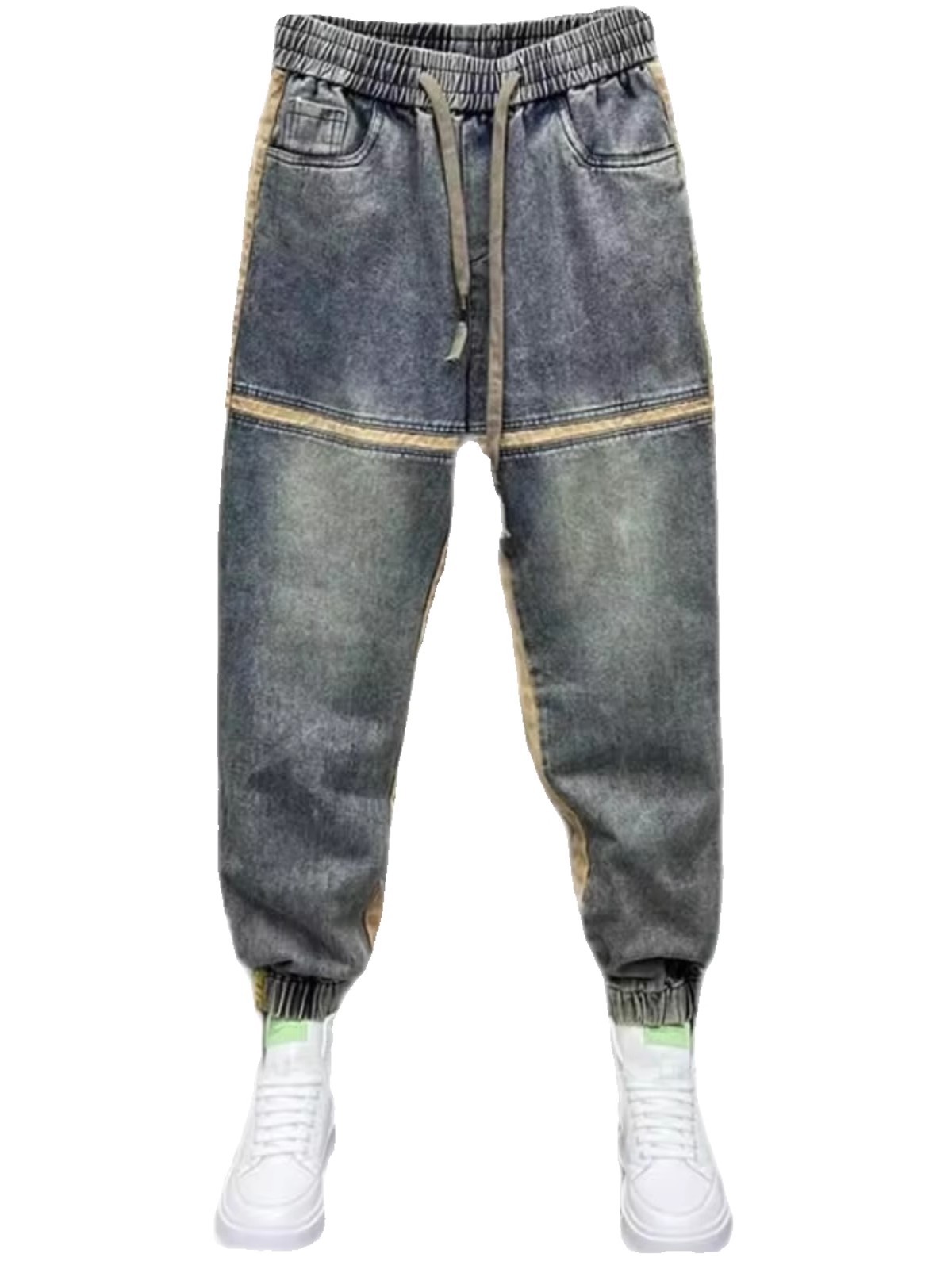 Men's Slim Fit Patchwork Distressed Jogger Jeans Elastic Waist_voghion.com