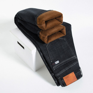 One-piece delivery fleece-lined thick plus size jeans men's quality business loose straight fat guy casual long pants