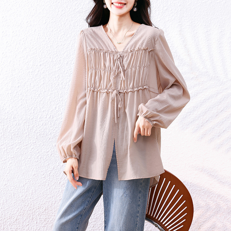 实拍现货微胖大码法式温柔风系带上衣女减龄宽松显瘦衬衫|undefined