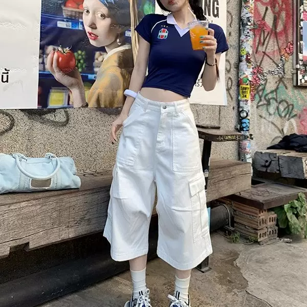 美式复古白色阔腿多口袋工装牛仔裤女夏季新款高腰宽松直筒七分裤