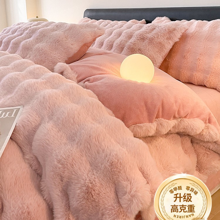 Cama de terciopelo de leche de cuatro piezas de terciopelo de conejo de imitación de alta gama, funda de edredón de sábana de invierno de terciopelo de coral de doble cara gruesa 2025 nuevo