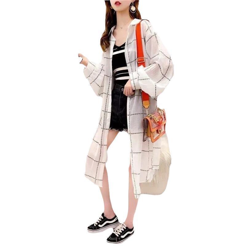 女性の夏と秋の新しいチェック柄シャツ日焼け止め服薄手のジャケット韓国スタイルルーズ抗紫外線ミッドレングス長袖|undefined