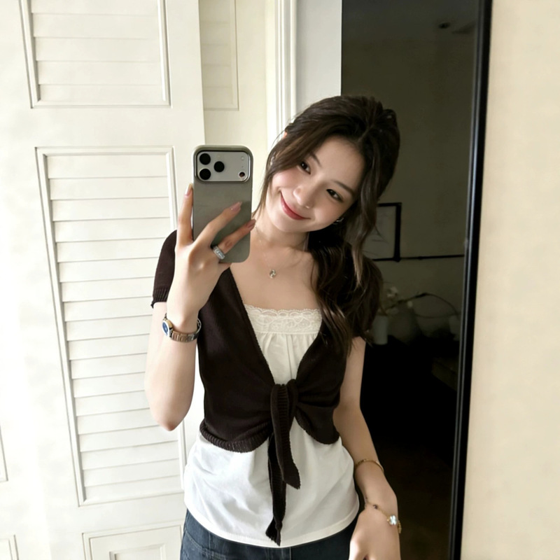 Brown V-Neck Tie-Up Short Knit Top for Women, Bm Short-Sleeve Wrap-Style Wide-Shoulder Cover-Up Outerwear, New Autumn Fashion on Instagram