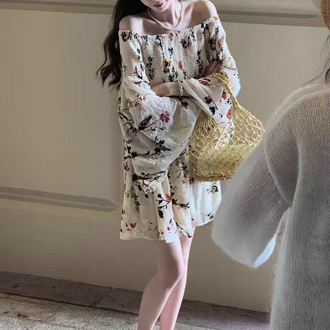 해변 해변 원피스 새로운 부드러운 작은 남자 인쇄 윈난 원피스 오프 숄더 인형 요정 휴일 원피스