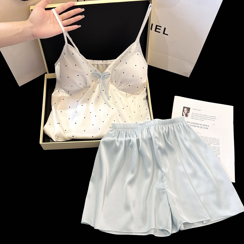 Pajamas for Women Summer with Breast Pads, Suspenders, Shorts, Ice Silk, Sexy Pure Desire Polka Dots, Silky Coolness, Sweet Home Wear Set