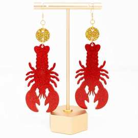 新款跨境欧美闪粉红色小龙虾耳环个性夸张亚克力百搭饰品耳坠女