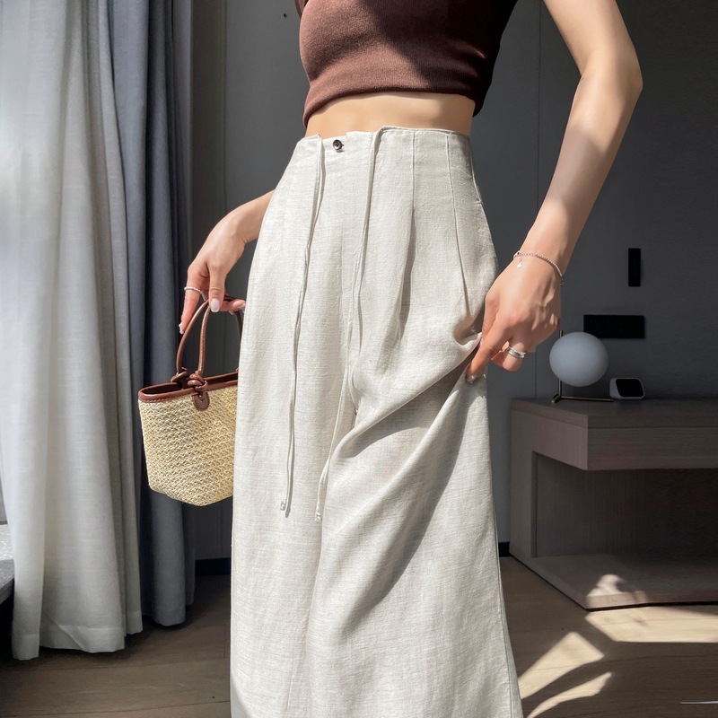 ラシャペル ネイビーブルー アイスシルク リネン ワイドレッグ パンツ レディース 夏 薄手 リラックス コットン リネン ストレート カジュアル フロアレングス パンツ|undefined