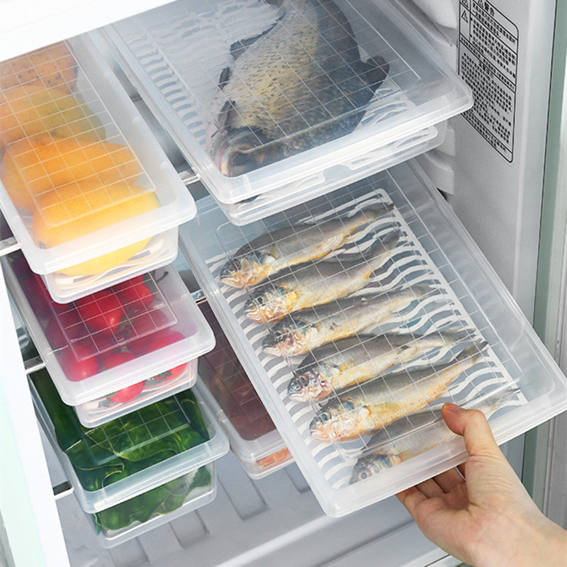 Refrigerador de cocina Refrigerador rectangular caja de drenaje de agua caja de almacenamiento de congelación de alimentos de plástico frutas caja de sellado de peces