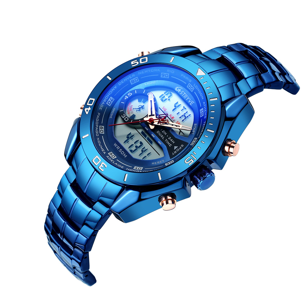 STRYVE reloj de negocios para hombre doble pantalla impermeable reloj electrónico de cuarzo para hombre reloj de acero inoxidable S8019