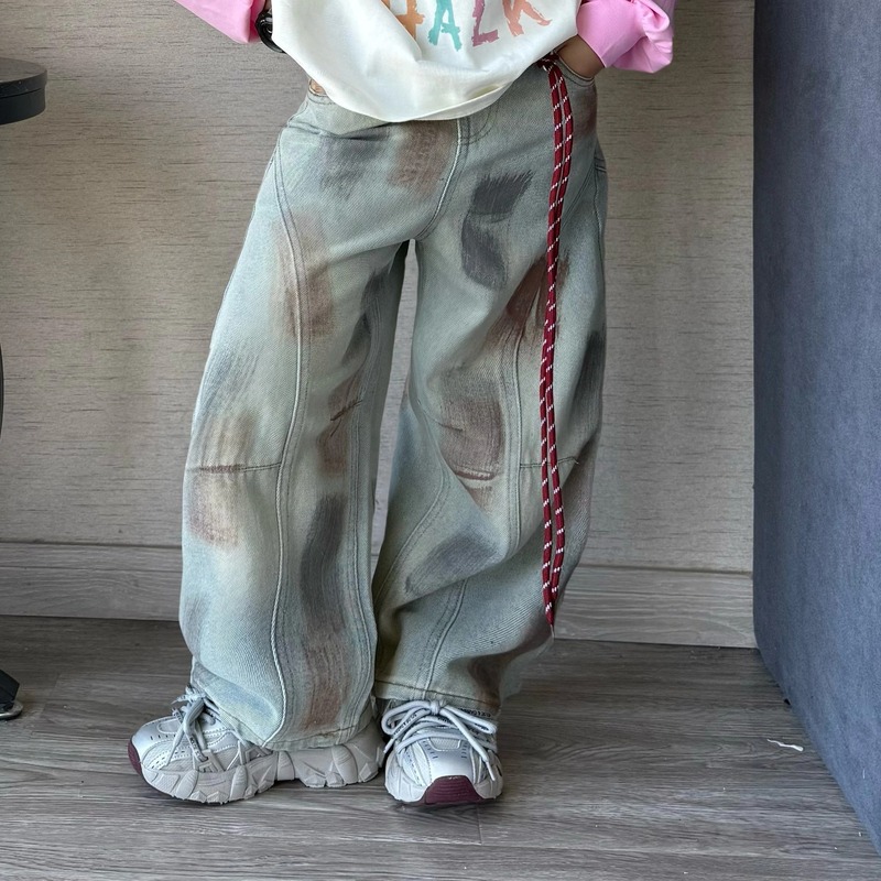 女童秋季韩版宽松插肩袖卫衣T恤中大童女孩喷色时髦牛仔老爹裤潮9|undefined
