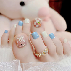 Adorable Bunny Style Fresh Light Blue Nail Art with Cream and Black Checkerboard Pattern for Toes - Cute Summer Toe Nail Sticker
