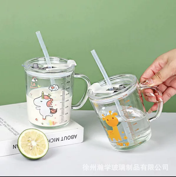 Wholesale Cartoon Thickened Graduated Milk Cup Glass Water Cup Children's Straw Cup with Handle Breakfast Glass Cup