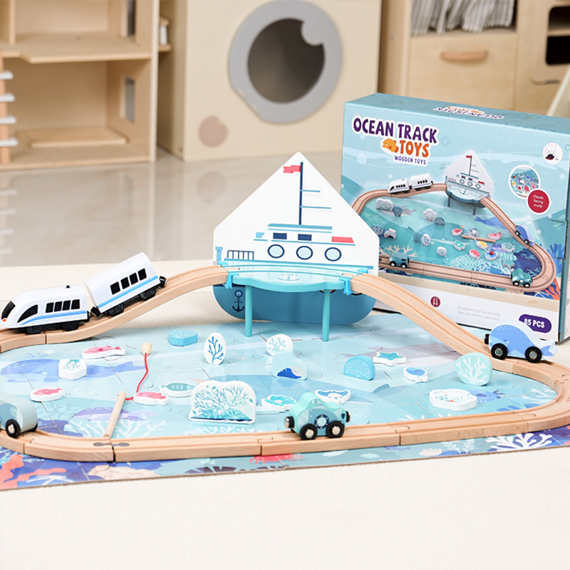 Wooden marine train railed, constructor, slide, toy car