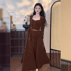 气质方领长袖丝绒连衣裙女装2025秋冬新款御姐大方得体收腰长裙