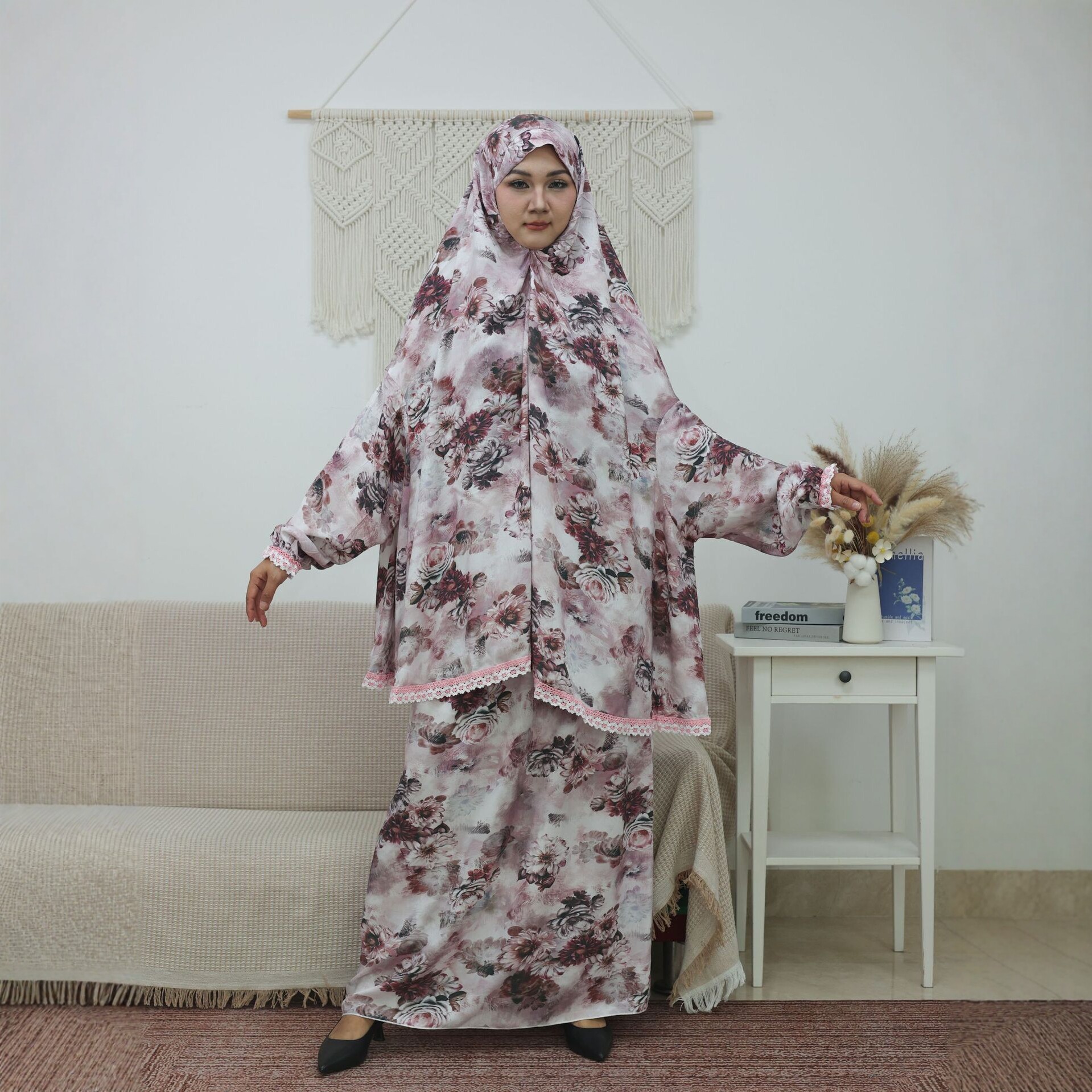 New women's cotton printed long robe dress with integrated headscarf, stylish, comfortable, breathable, plus size prayer robe