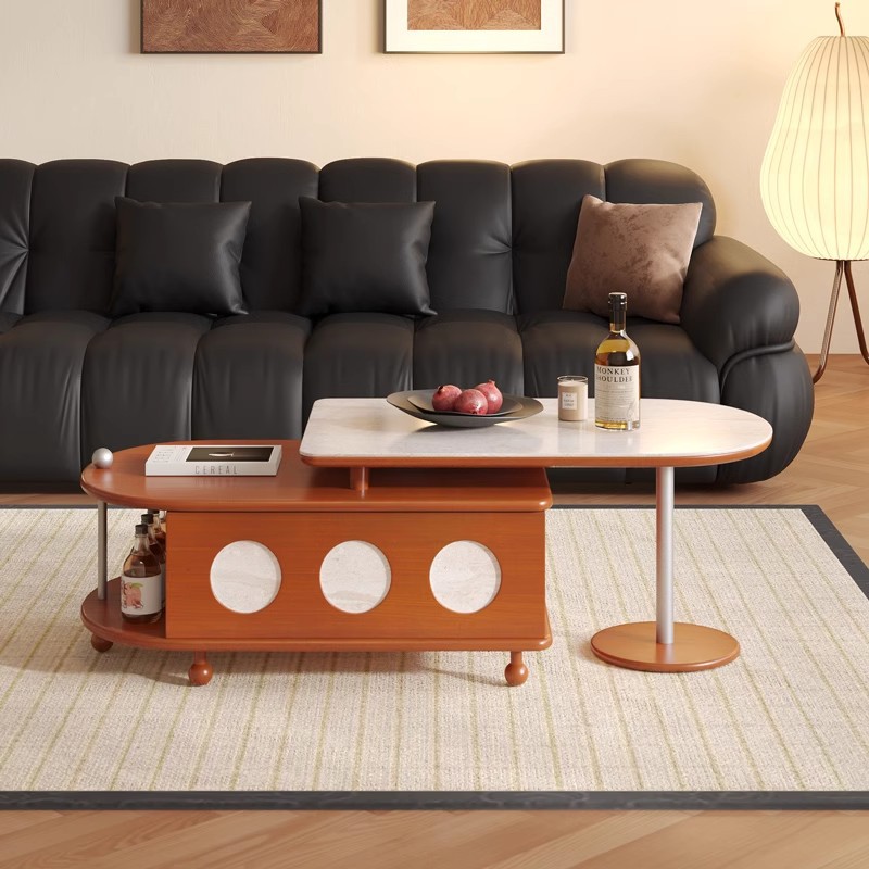 Mesa de centro de madera maciza de estilo antiguo retráctil pequeño apartamento sala de estar hogar mesa de té de roca 2024 nuevo lujo ligero sensación de alta gama